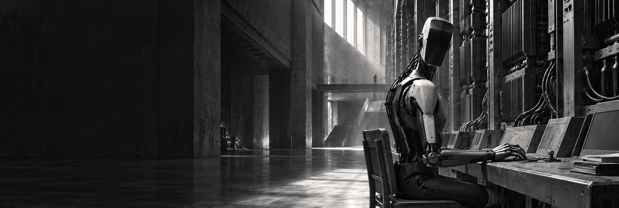 An ivory mechanical agent at a console in a monumental, naturally lit machine room